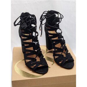 Black Charlotte Russe Strappy Lace Up Chunky High Heel Shoes Size 9 with Box